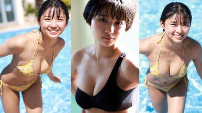 【桑島海空1】美味しそうなおっぱいを水着で披露するむっちりボディのショートカット美少女のグラビア画像
