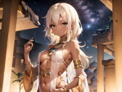 AI同人エロ画像・着物と古寺の妖精褐色白髪で翠眼の少女のエロ衣装
